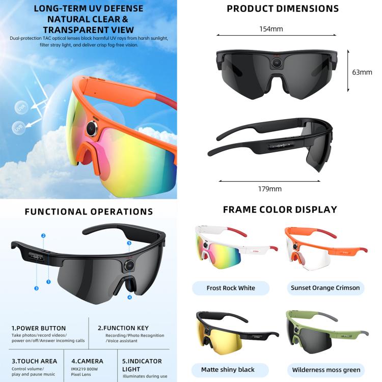 Q02 Ultra Cycling AI Smart Glasses with 8MP Camera, AI Translation, Video Recording, Voice Assistant, Ice Green Lens, Ice Purple Lens, Orange Lens, Gold Yellow Lens, Sunglasses Lens, Transparent Lens