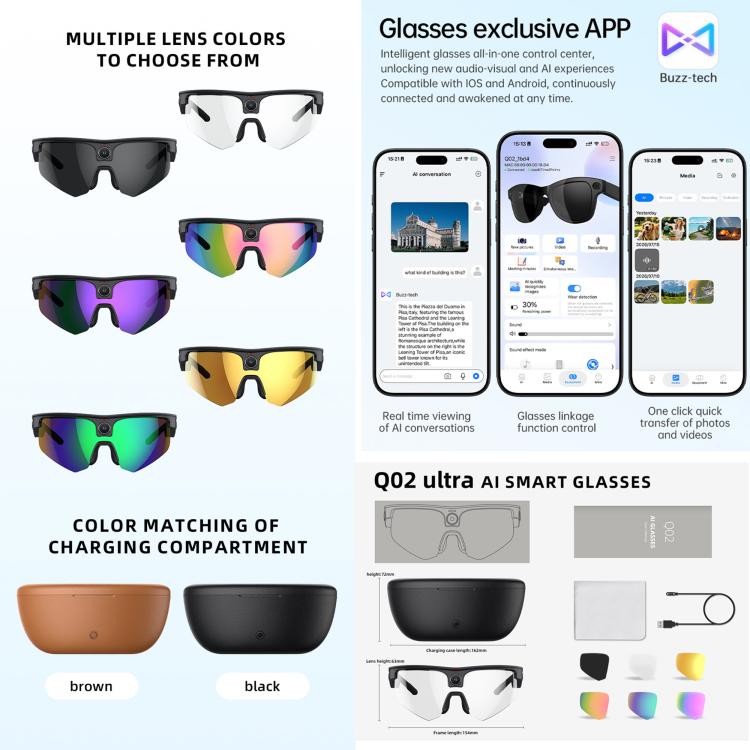 Q02 Ultra Cycling AI Smart Glasses with 8MP Camera, AI Translation, Video Recording, Voice Assistant, Ice Green Lens, Ice Purple Lens, Orange Lens, Gold Yellow Lens, Sunglasses Lens, Transparent Lens