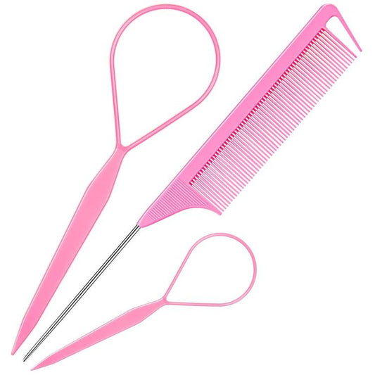 3 PCS/Set Steel-tail Highlight Comb & Topsy Tail Tool for Hair Braiding, Hook Tip, Flat Tip