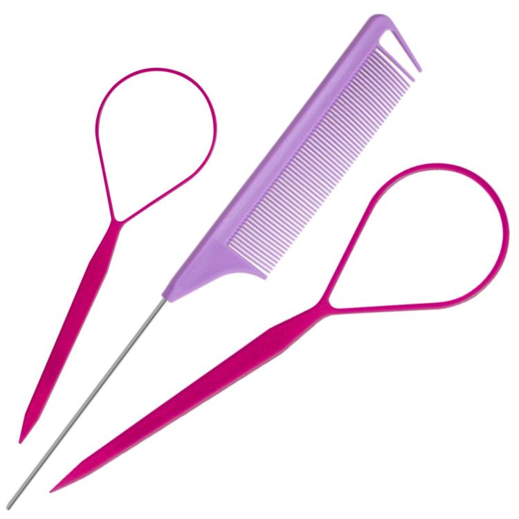 3 PCS/Set Steel-tail Highlight Comb & Topsy Tail Tool for Hair Braiding, Hook Tip, Flat Tip