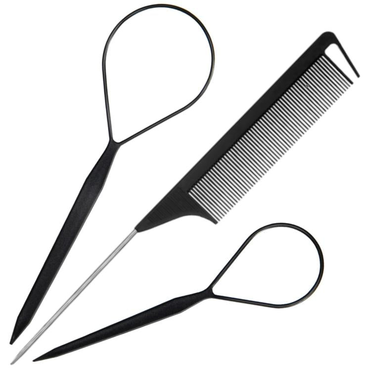 3 PCS/Set Steel-tail Highlight Comb & Topsy Tail Tool for Hair Braiding, Hook Tip, Flat Tip