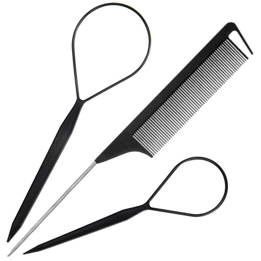 3 PCS/Set Steel-tail Highlight Comb & Topsy Tail Tool for Hair Braiding, Hook Tip, Flat Tip