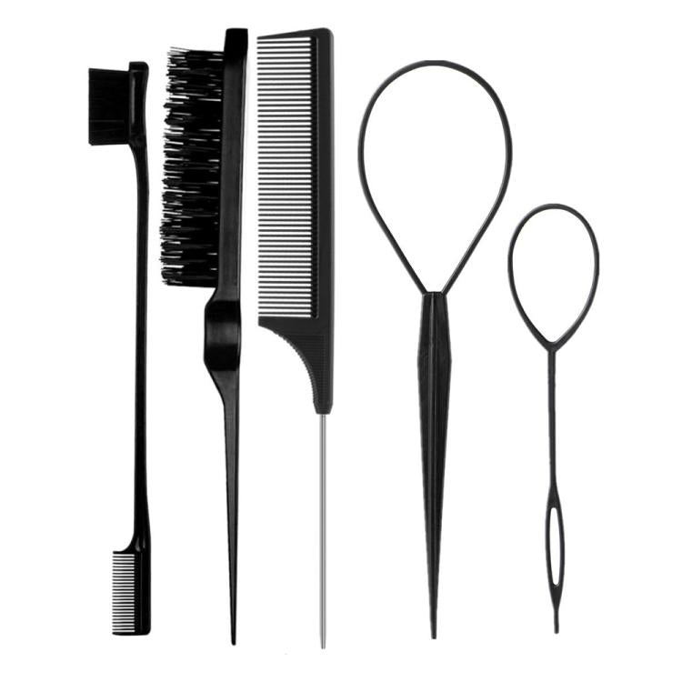 5 PCS/Set Hair Styling Kit Steel Pin Tail Comb & Eyebrow Brush & Hair Loop Tool, Hook Tip, Flat Tip