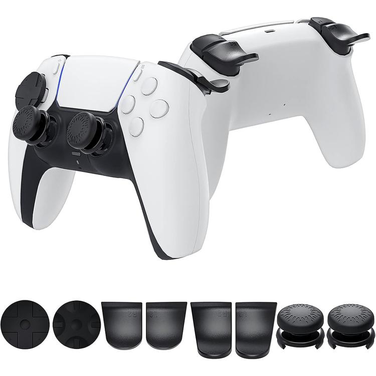PlayStation controller accessory set with black trigger extenders and thumb grips on white pad