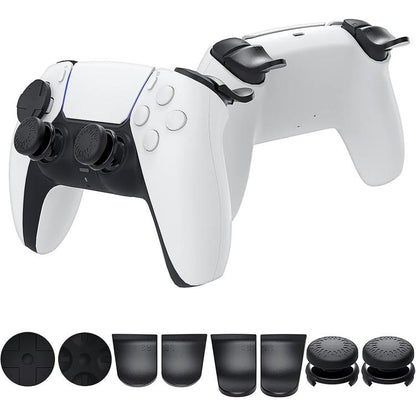 PlayStation controller accessory set with black trigger extenders and thumb grips on white pad