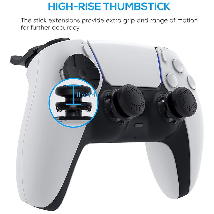 Black thumb grip caps and L2/R2 trigger extenders on white PS controller, close view