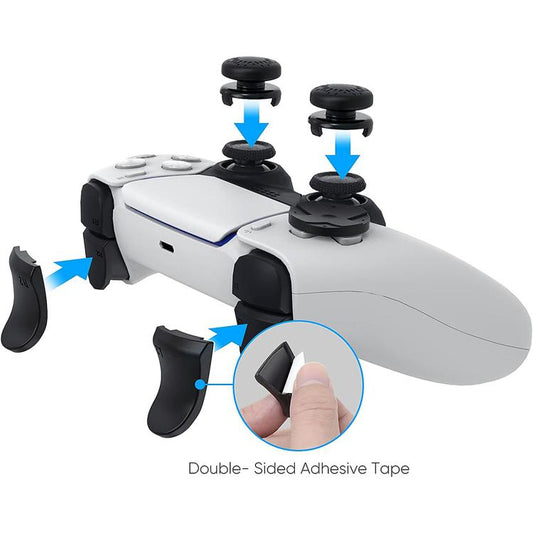 PS controller accessory set with black D-pad, trigger extenders, and double-sided adhesive tape