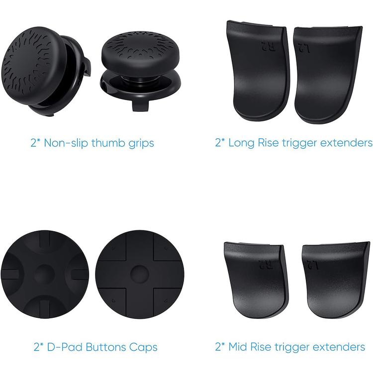 Set of black controller caps: non-slip thumb grips, D-pad buttons, and trigger extenders