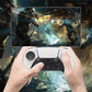 Hands holding white PS controller with black thumb caps and trigger extenders attached