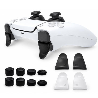 PS5 trigger extenders and anti-slip thumb grip caps set, black and clear pieces