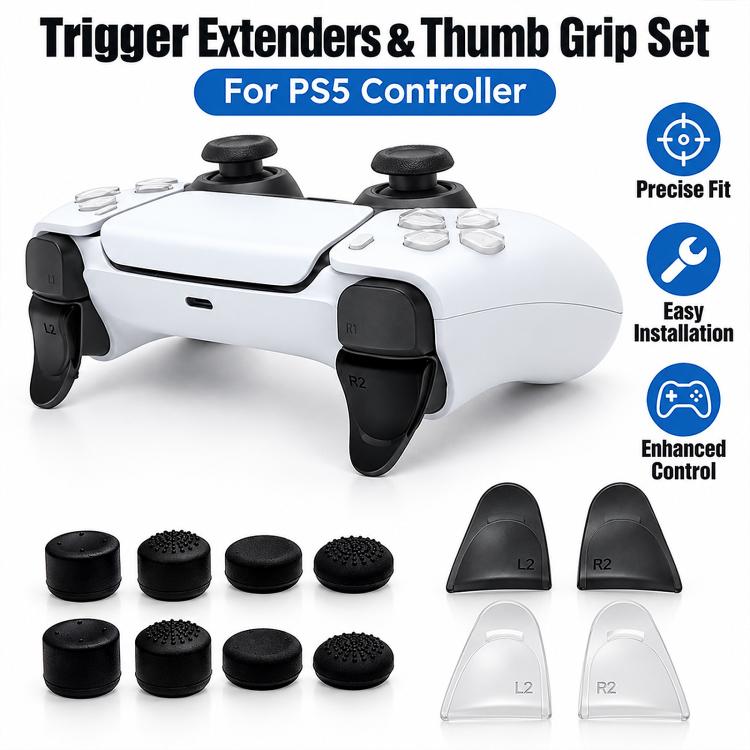 PS5 controller accessory set with trigger extenders and thumb grip caps, black and clear