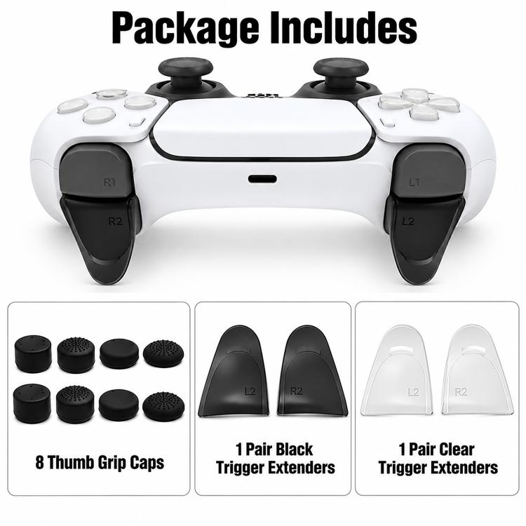 Package contents: 8 thumb grip caps plus black and clear PS5 trigger extenders