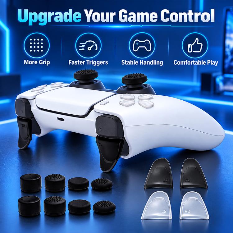 PS5 controller accessory set with black and clear trigger extenders and textured thumb caps