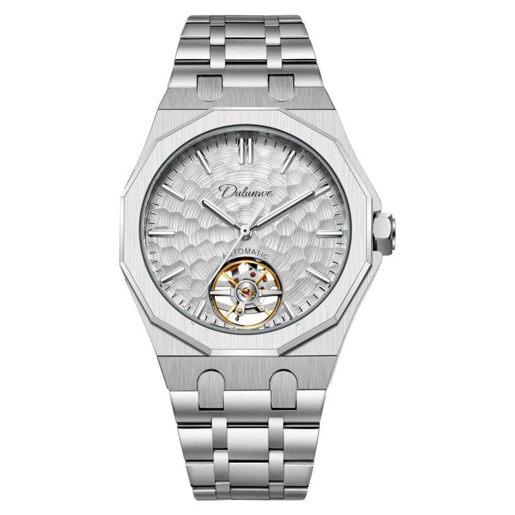 Mens skeleton tourbillon automatic watch with silver steel bracelet and white dial