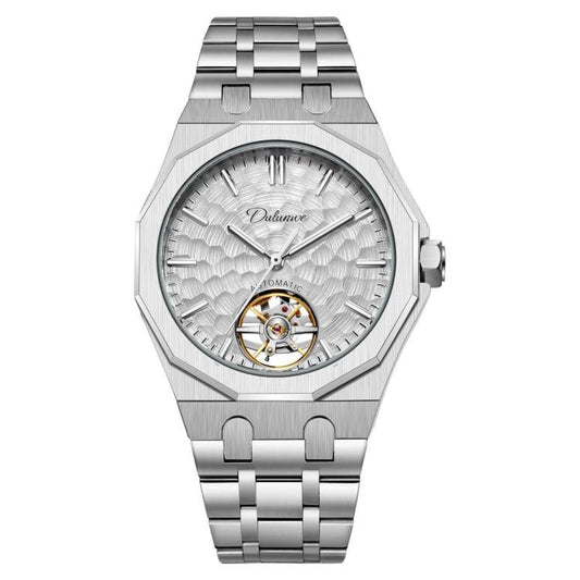 Mens skeleton tourbillon automatic watch with silver steel bracelet and white dial