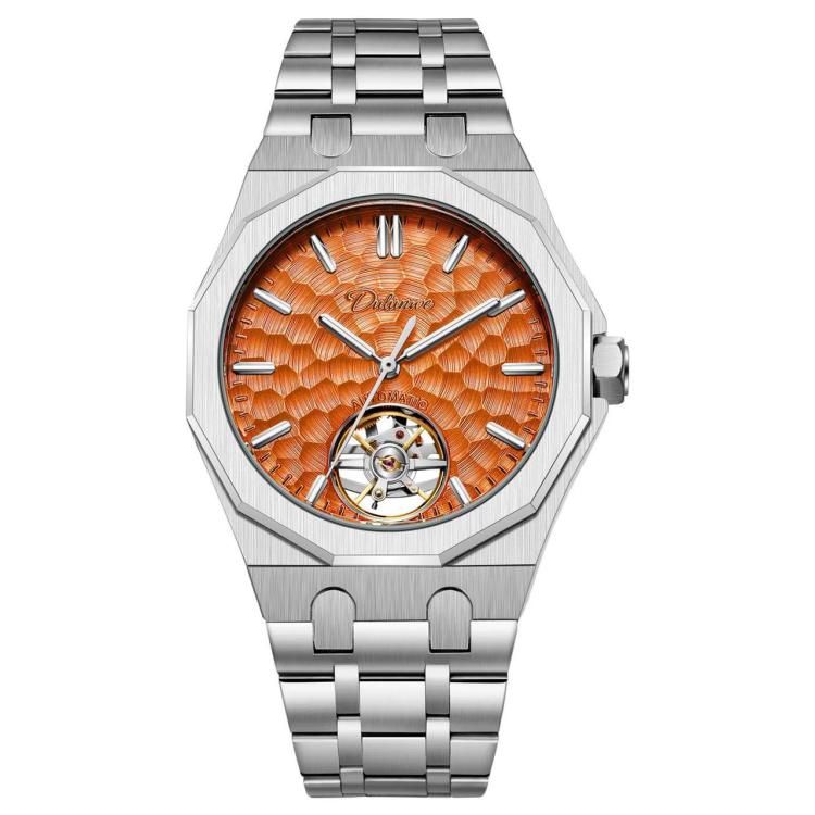Mens skeleton tourbillon automatic watch with steel bracelet and orange textured dial