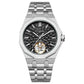 Mens skeleton tourbillon automatic watch with steel bracelet and black textured dial