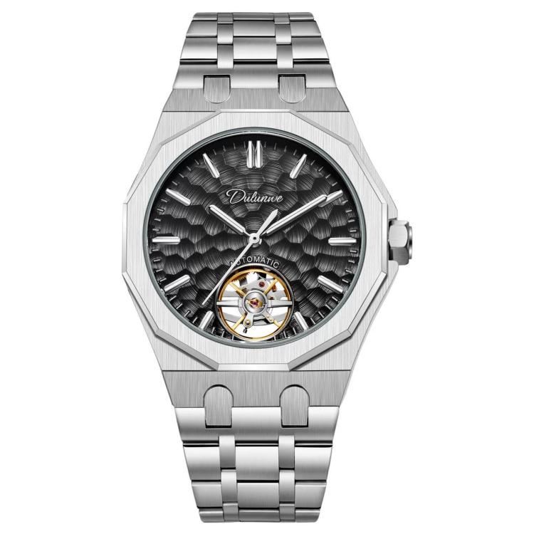 Mens skeleton tourbillon automatic watch with steel bracelet and black textured dial