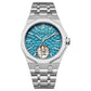 Mens skeleton tourbillon automatic watch with steel bracelet and blue textured dial