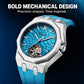 Mens tourbillon skeleton watch with stainless octagon case and blue dial, blue strap