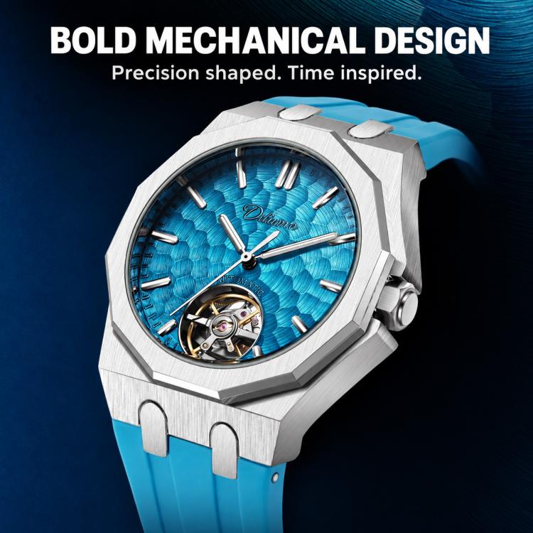 Mens tourbillon skeleton watch with stainless octagon case and blue dial, blue strap
