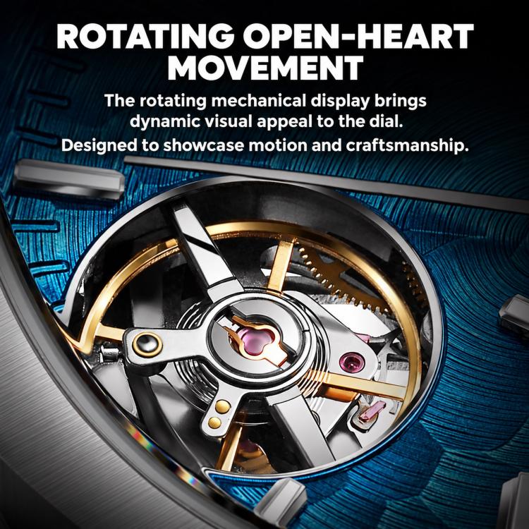 Mens tourbillon watch movement close-up showing rotating open-heart mechanism