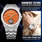Mens skeleton tourbillon watch with steel bracelet and orange dial with skeleton window
