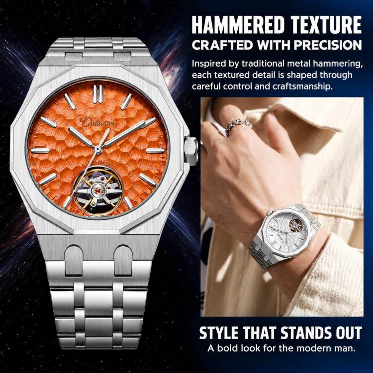 Mens skeleton tourbillon watch with steel bracelet and orange dial with skeleton window