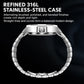 Mens stainless steel watch case back with crown and link bracelet, octagonal shape