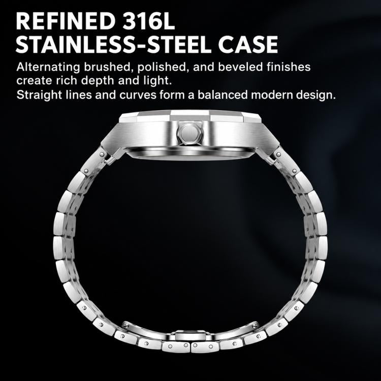 Mens stainless steel watch case back with crown and link bracelet, octagonal shape