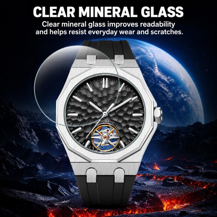 Mens skeleton tourbillon automatic watch with dark dial and steel bracelet