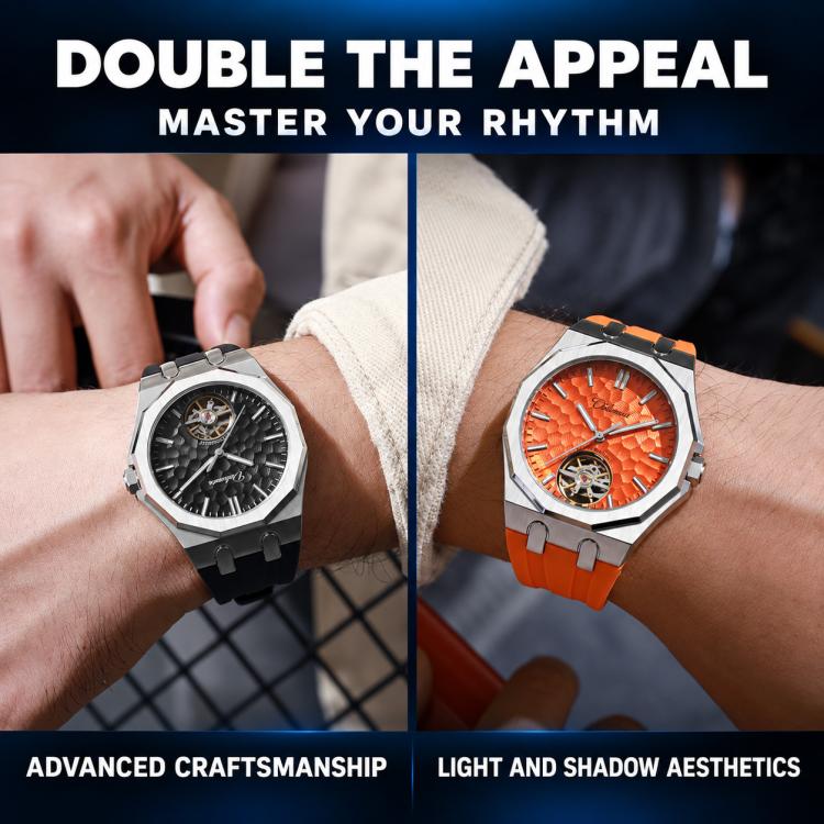 Two Mens watches on wrists: black dial left, orange dial right, steel cases and straps