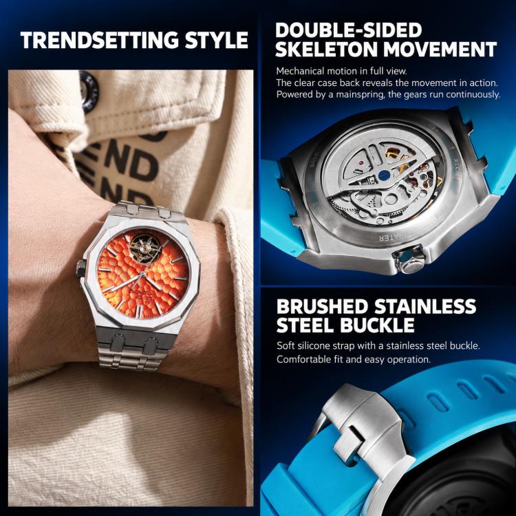 Men's skeleton tourbillon automatic watch with silver steel bracelet and orange skeleton dial