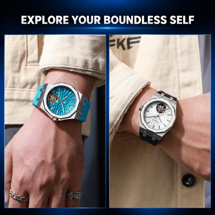 Men's skeleton tourbillon automatic watch on wrist, turquoise dial and white dial views