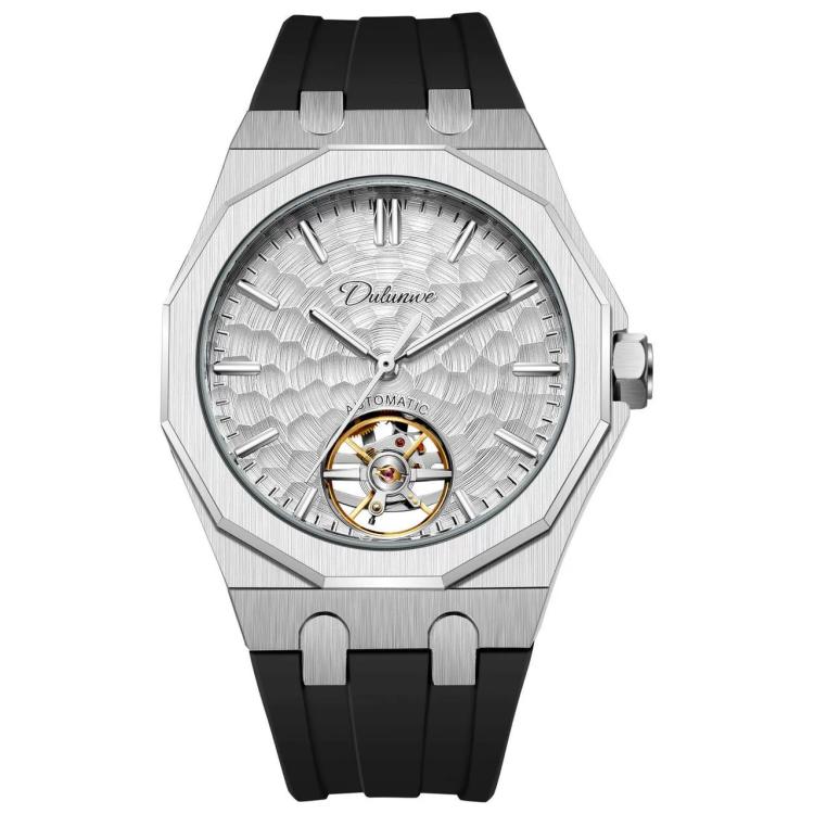 Men’s automatic skeleton watch with silver case, white dial, black silicone strap