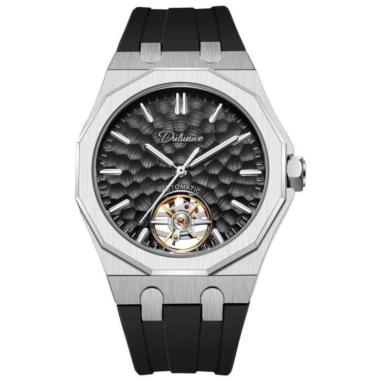 Men’s automatic skeleton watch with silver case, black dial, black silicone strap