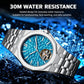 Men's skeleton tourbillon automatic watch with bright blue dial and stainless bracelet
