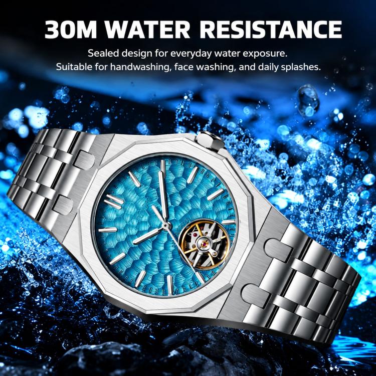 Men's skeleton tourbillon automatic watch with bright blue dial and stainless bracelet