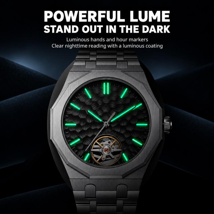 Men's skeleton tourbillon automatic watch with black dial and green lume on black strap
