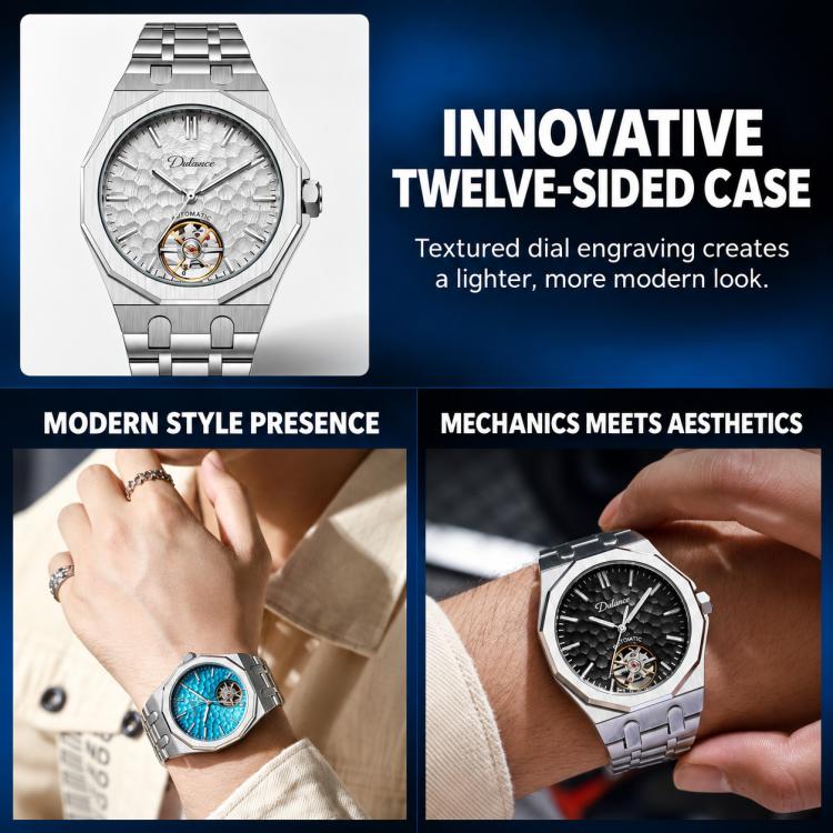 Men's skeleton tourbillon automatic watch with silver dial and stainless bracelet