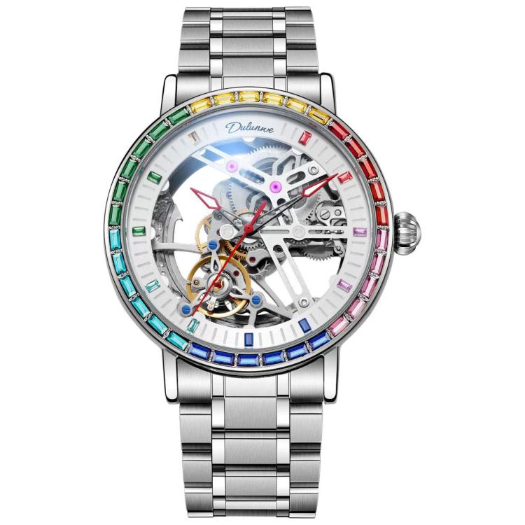 Men's automatic skeleton watch, silver steel bracelet, multicolor gem bezel, white dial