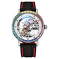 Men's automatic skeleton watch, black silicone strap, multicolor gem bezel, white dial