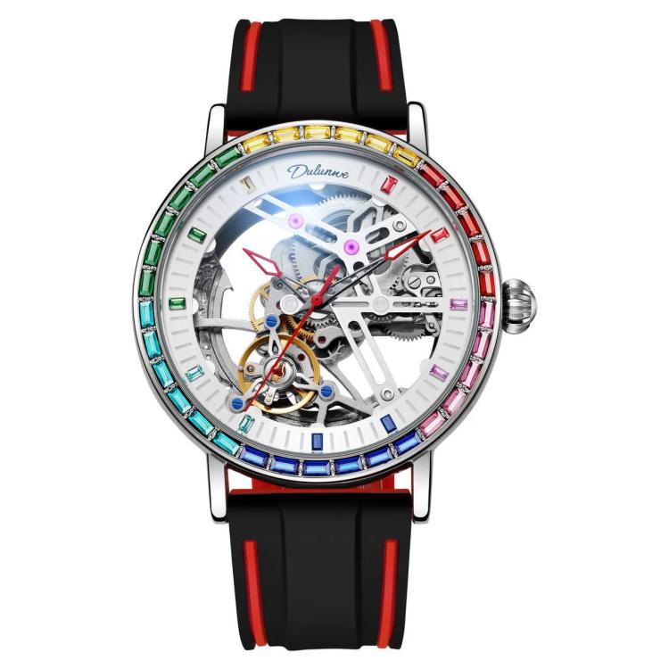 Men's automatic skeleton watch, black silicone strap, multicolor gem bezel, white dial