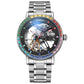 Men's automatic skeleton watch, silver steel bracelet, multicolor gem bezel, blue dial