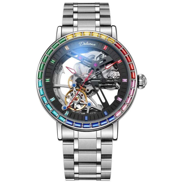 Men's automatic skeleton watch, silver steel bracelet, multicolor gem bezel, blue dial