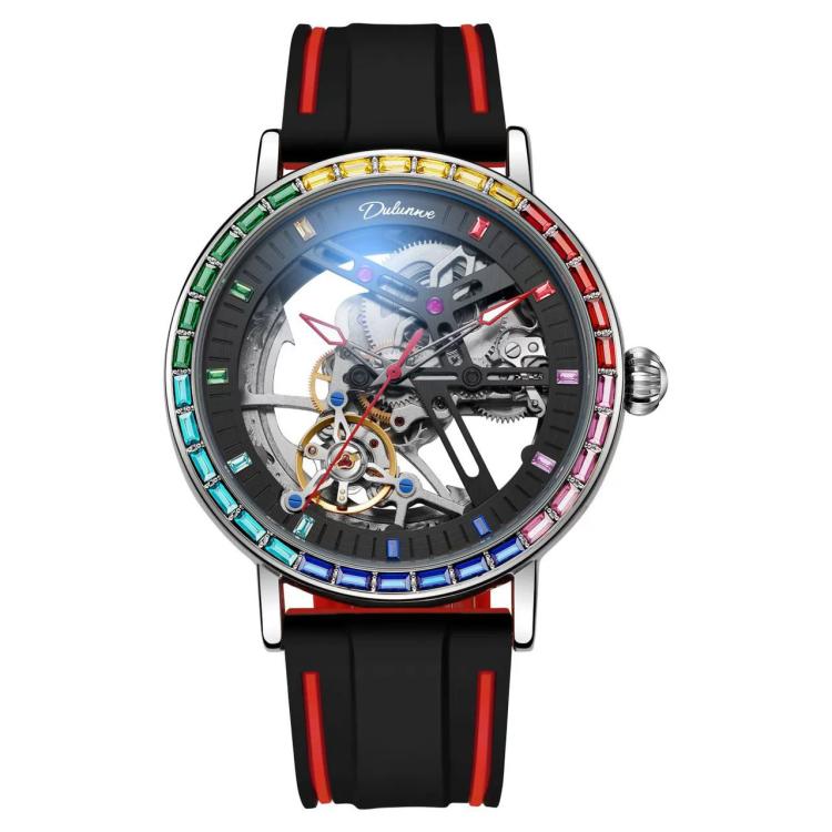Men's automatic skeleton watch, black silicone strap, multicolor gem bezel, blue dial