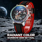 Men's automatic skeleton watch, red silicone strap, multicolor gem bezel, dark skeleton dial