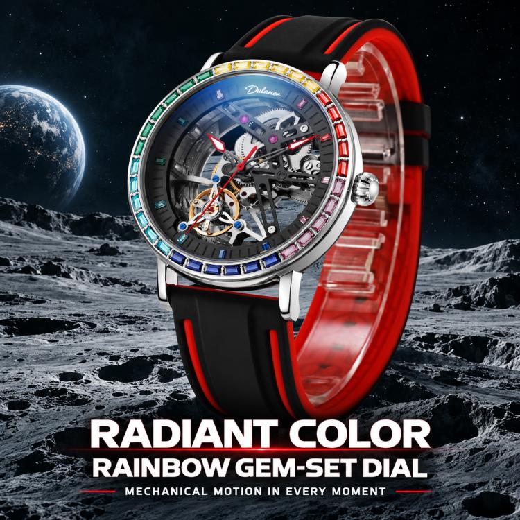 Men's automatic skeleton watch, red silicone strap, multicolor gem bezel, dark skeleton dial