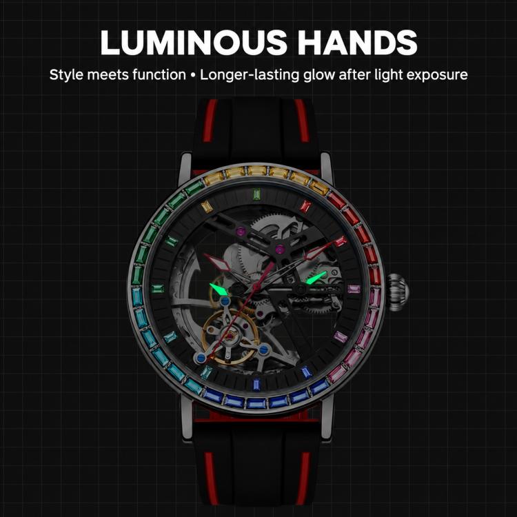 Dulunwe 6057B skeleton mechanical watch, luminous hands, rainbow bezel, black strap