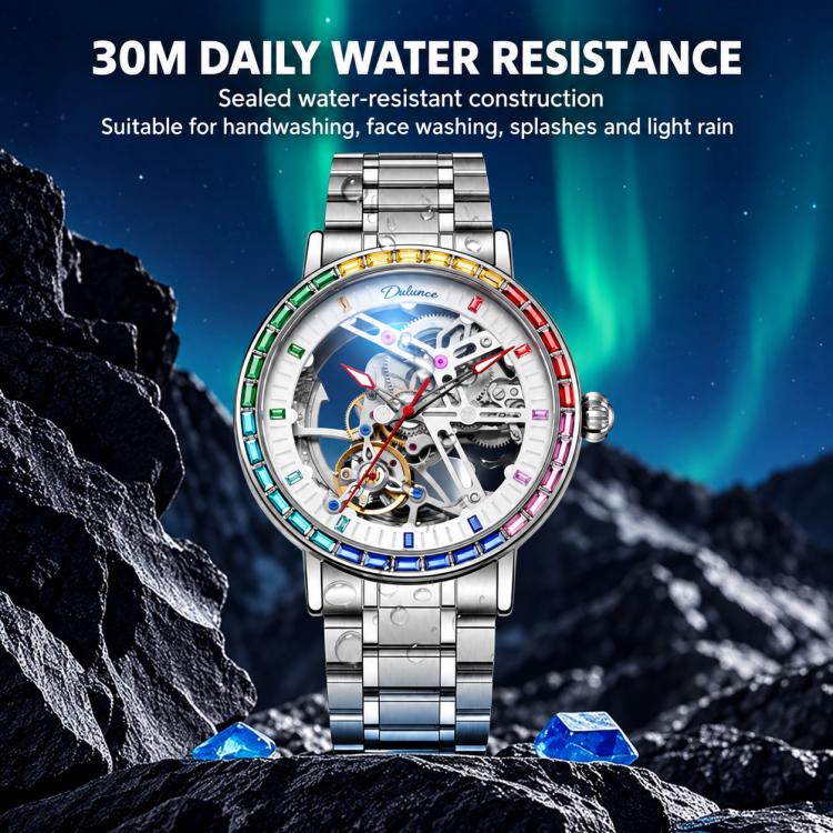 Dulunwe 6057B skeleton mechanical watch with stainless steel bracelet, rainbow bezel